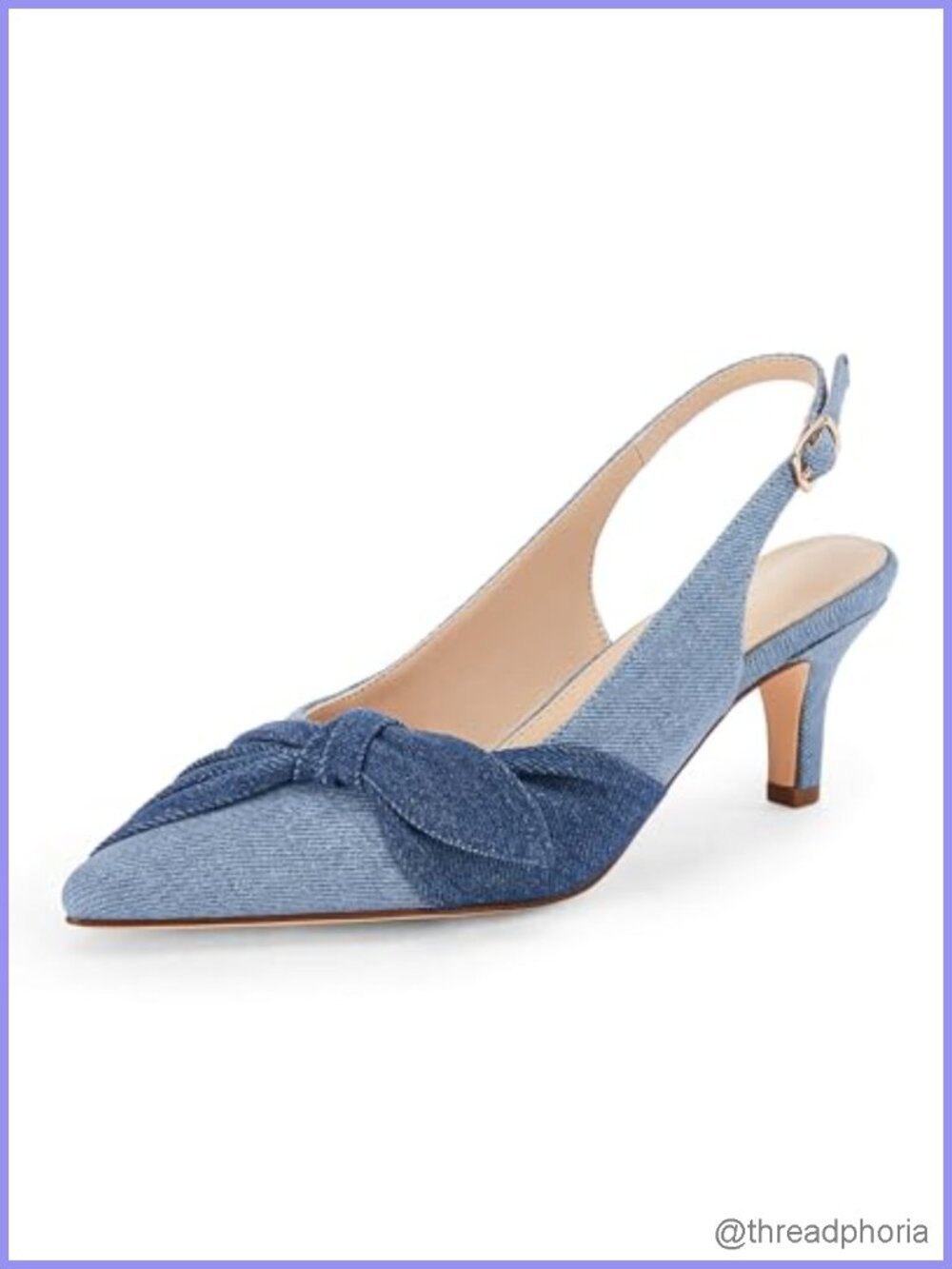 Coutgo Women's Denim Slingback Kitten Heels Peep-Toe Pumps Side Bow Knot